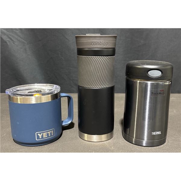 YETI Rambler Mug, Contigo SnapSeal Travel Mug, and Thermos Stainless Steel Food Jar
