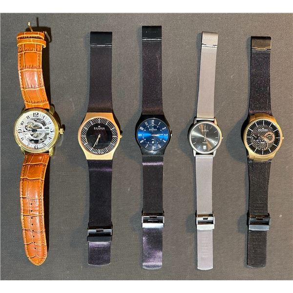 Five Watch Lot: Stührling Automatic Skeleton, Skagen Stainless Assortment