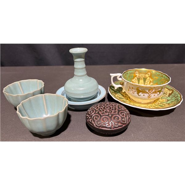 Decorative Ceramics: Royal Chelsea Teacup Set, Chinese Celadon Bowls, More
