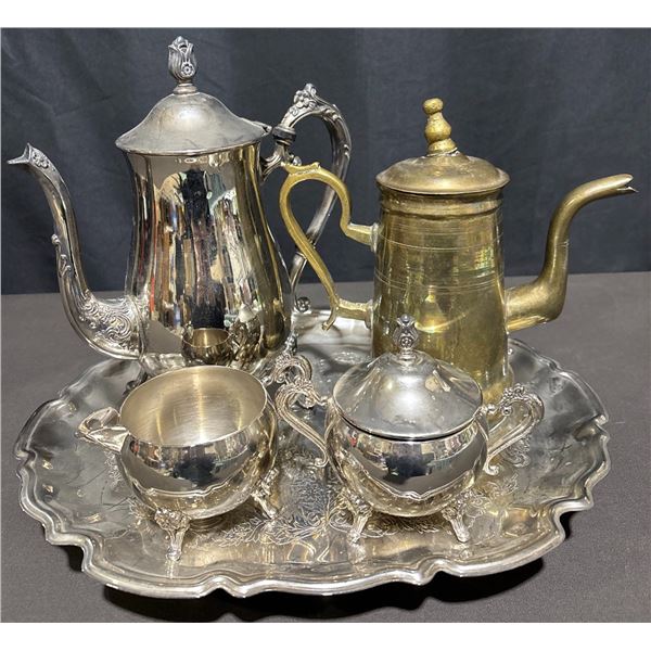 Tea Set With Silver Plate Service, Brass Coffee Pot, And Tray