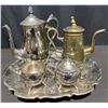 Image 1 : Tea Set With Silver Plate Service, Brass Coffee Pot, And Tray