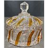 Image 2 : Pressed Glass Creamer, Sugar Bowl, and Lidded Dish with Amber Accents