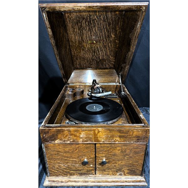HMV Victrola Style Oak Tabletop Manual Wind Gramophone Record Player