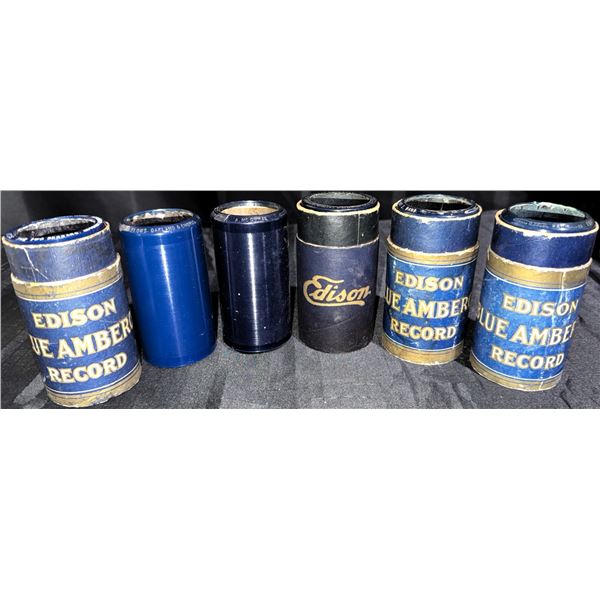 Six Edison Blue Amber Records Cylinders Early 1900s, Various Titles and Performers