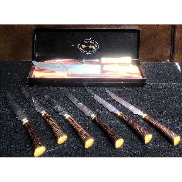 Jonathan Crookes Sheffield Carving Set With 6 Stag Handle Steak Knives In Box