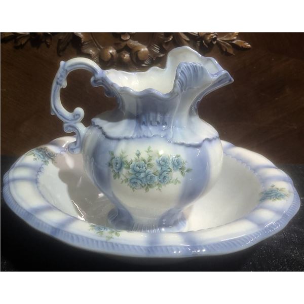 Ernest Large Wash Basin and Pitcher Set Blue Floral Ceramic Marked 1915