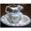 Image 1 : Ernest Large Wash Basin and Pitcher Set Blue Floral Ceramic Marked 1915