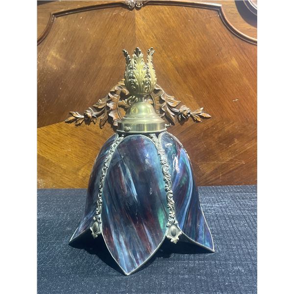 Stained Glass and Brass Hanging Lamp Fixture with Ornate Detailing, 22 Inches Tall