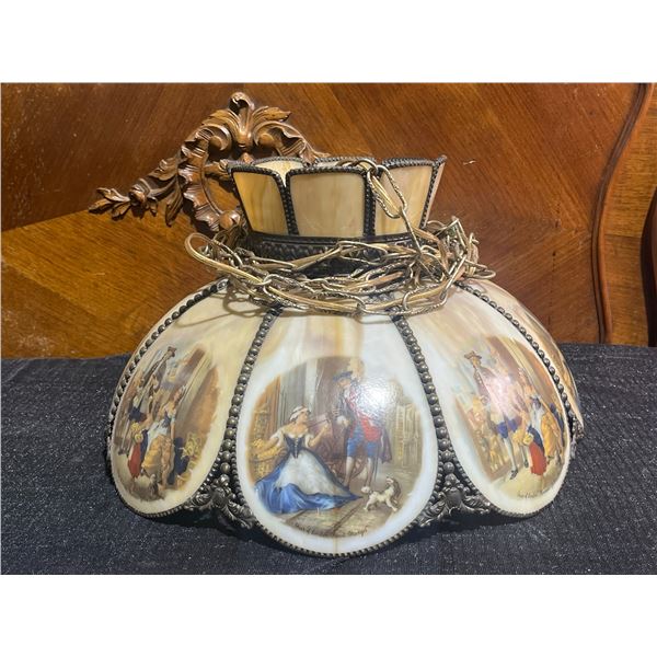 Lotus-Style 16 Inch Wide Slag Glass Hanging Lamp With Decorative Metal and London Scenes