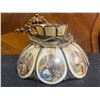 Image 1 : Lotus-Style 16 Inch Wide Slag Glass Hanging Lamp With Decorative Metal and London Scenes