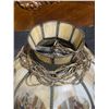 Image 6 : Lotus-Style 16 Inch Wide Slag Glass Hanging Lamp With Decorative Metal and London Scenes