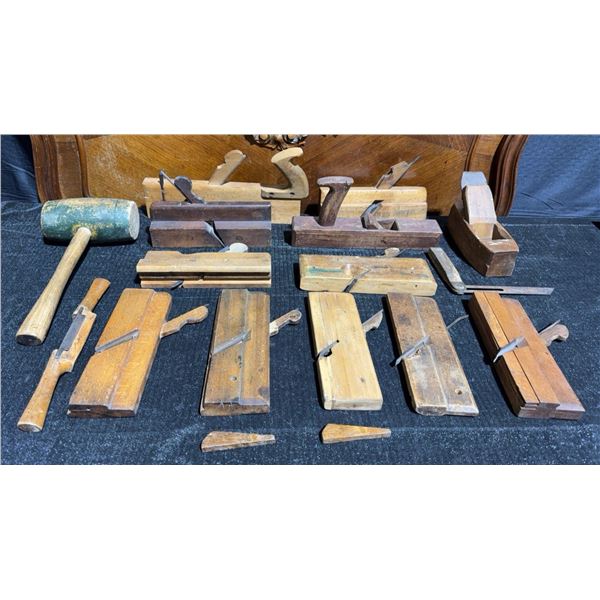 Antique Wooden Woodworking Planes, Mallet, and Bevel Gauge Assortment