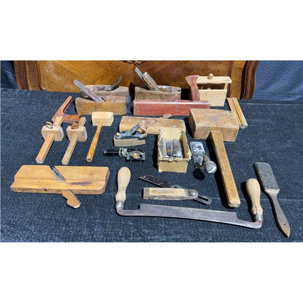 Vintage Woodworking Hand Tools Including Planes, Mallets, Marking Gauges, and Rulers
