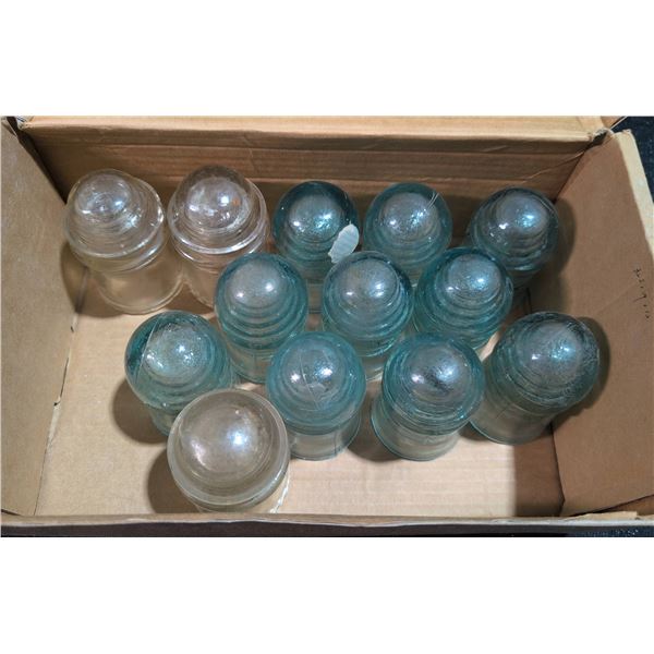 13 Glass Insulators, 3 Clear and 10 Blue, Dome Top and Skirted Varieties
