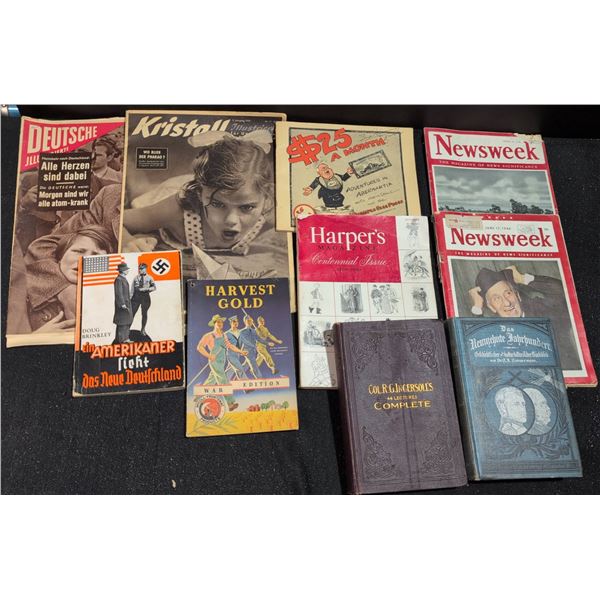 Vintage Magazines and Books Including Newsweek, Kristall, Harper's, German Volumes