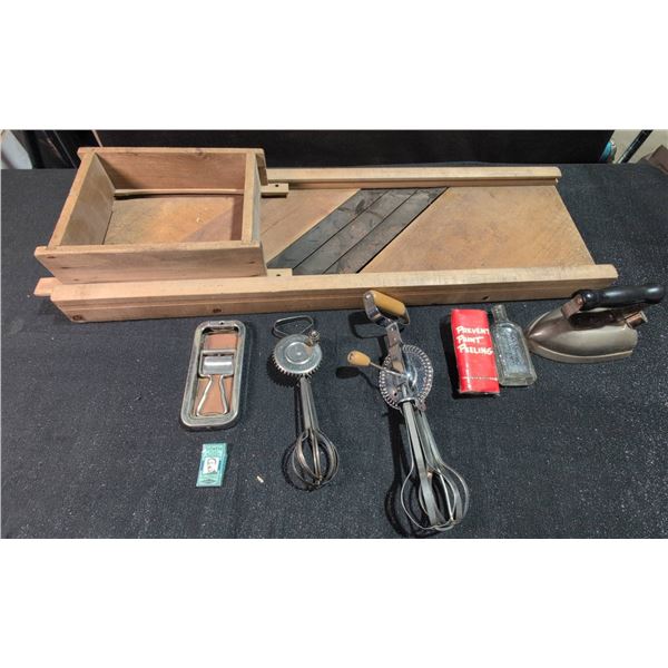 Lot: Indianapolis Kraut Cutter, Rolls Razor, Gillette Blades, Egg Beaters, Flat Iron