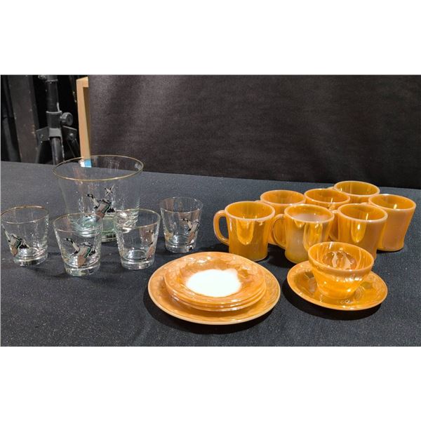 Lot Fire-King Peach Lustreware and Duck Motif Glassware Set