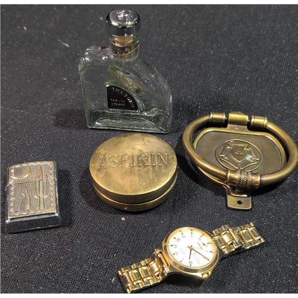Lot: Enicar Watch, Brass Aspirin Tin, Zippo Lighter, Drawer Pull, Aha Toro Bottle
