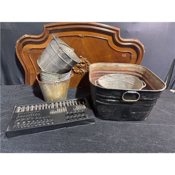 Vintage Metal Buckets and Bin with Mixed Socket Wrench Set