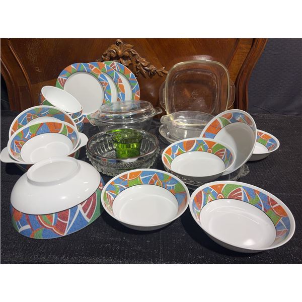 Melamine Dinnerware Set With Geometric Pattern, Assorted Glass Bakeware, Green Glass Cup