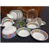 Image 1 : Melamine Dinnerware Set With Geometric Pattern, Assorted Glass Bakeware, Green Glass Cup
