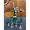 Image 3 : Green Glass Decanter With Gold Trim and 6 Matching Stemmed Glasses