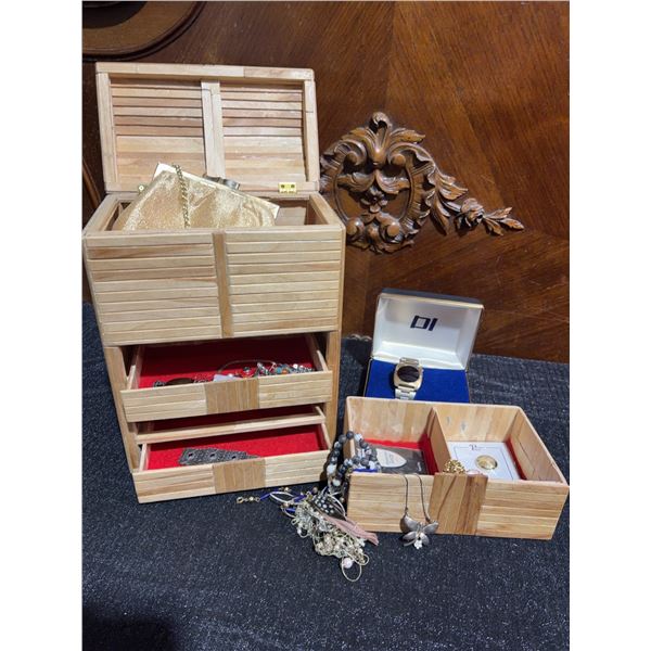 Wooden Jewellery Box With Assorted Costume Jewellery and Digitrex Digital Watch