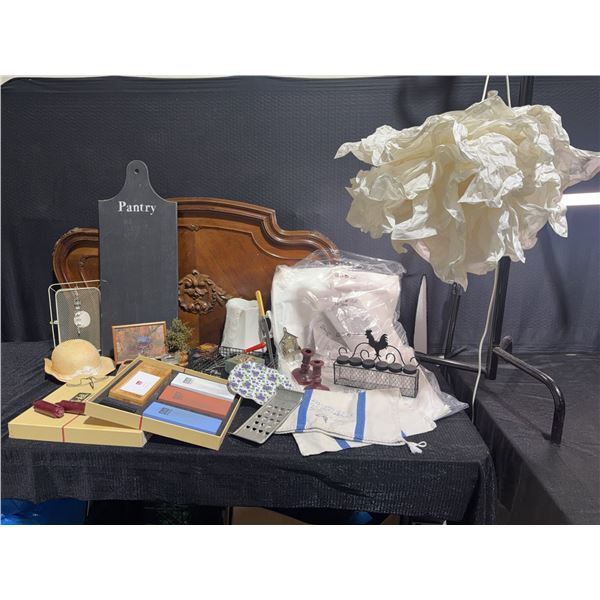 Household Decor and Kitchen Lot With Lamp, Cutting Board, Knife Set, and Candlesticks