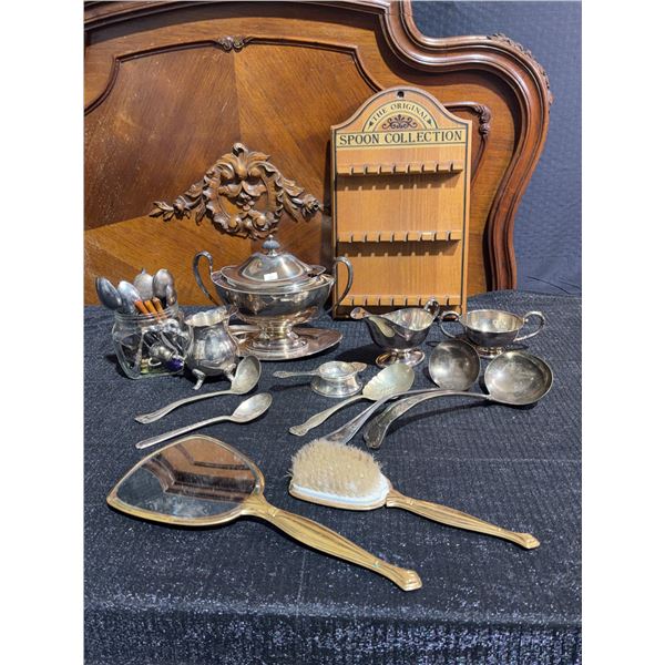 Silverplate Flatware, Tableware, Vanity Set, Spoon Rack, and Floor Lamp Lot