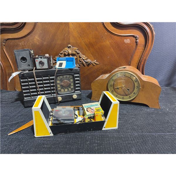 Lot: Admiral Super-Aeroscope Tube Radio, Kienzle Mantel Clock, Cameras, Boomerang