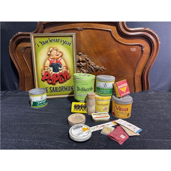 Vintage Tins, Popeye Plaque, Fishing Gear, Signs, Leather Care Items