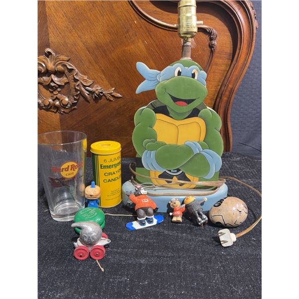 Collectibles: TMNT Lamp, Hard Rock Cafe Glass, Toys & Emergency Crayon Candles