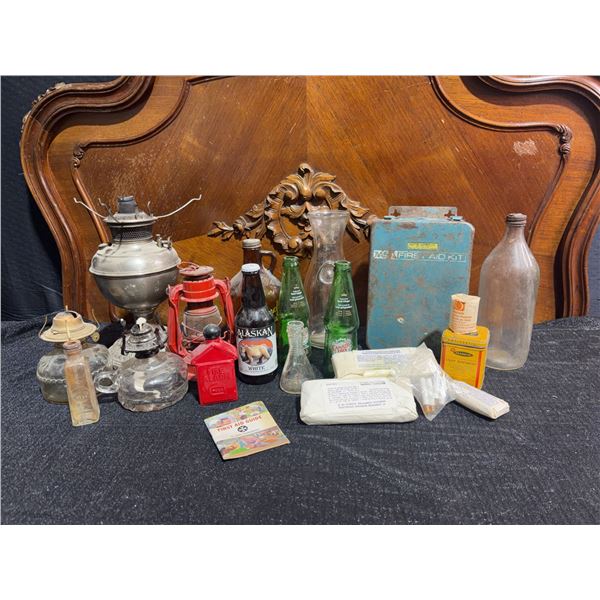 Vintage Bottles, Oil Lamps, and Metal Industrial First Aid Kit Collection