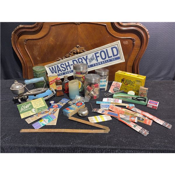 Large Lot Vintage Laundry, Sewing Tools, Spools, Notions, Wash-Dry-Fold Sign