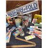 Image 3 : Large Lot Vintage Laundry, Sewing Tools, Spools, Notions, Wash-Dry-Fold Sign