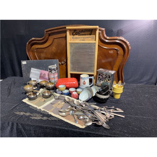 Lot With Canadian Woodware Washboard, Flatware, Bowls, Toaster, Crockery, LP