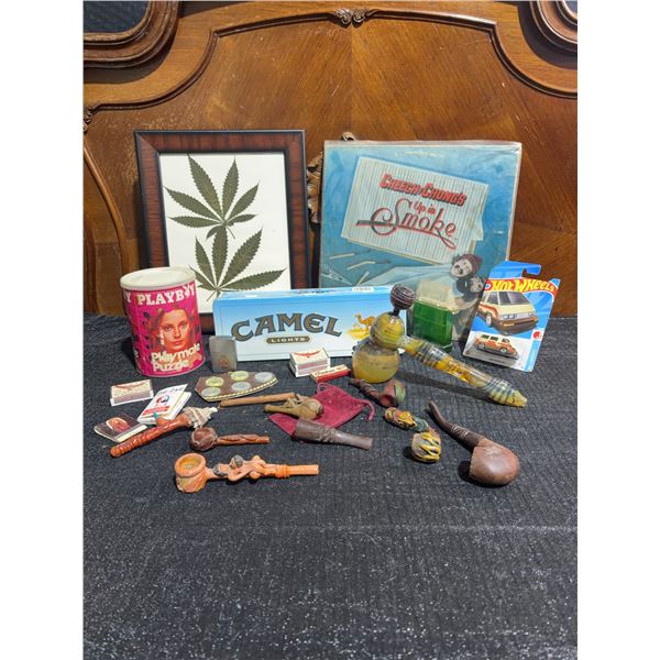 Eclectic Smoking Memorabilia Lot with Pipes, Cheech & Chong LP, Camel Tin, Collectibles