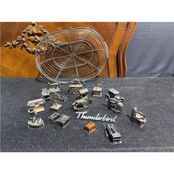 Miniature Metal Appliances, Wire Basket, and Thunderbird Emblem