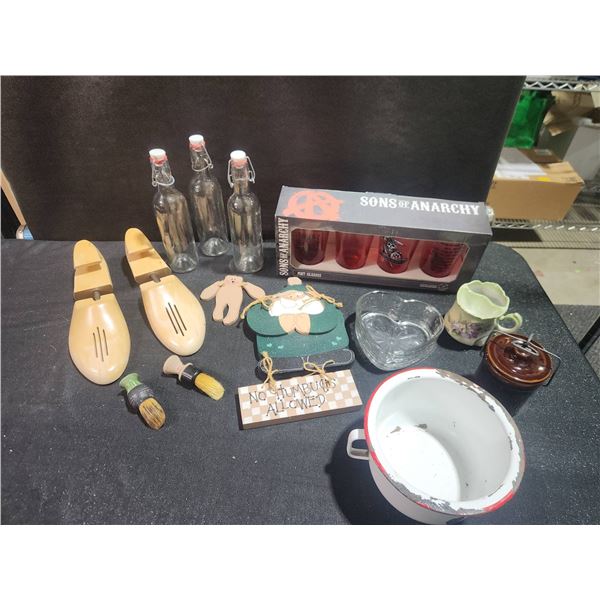 Lot: Sons of Anarchy Glasses, Bottles, Shoe Trees, Brushes, Decor, Book