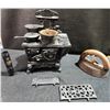 Image 1 : Cast Iron Toy Stove With Accessories and Miniature Iron, Early 20th Century