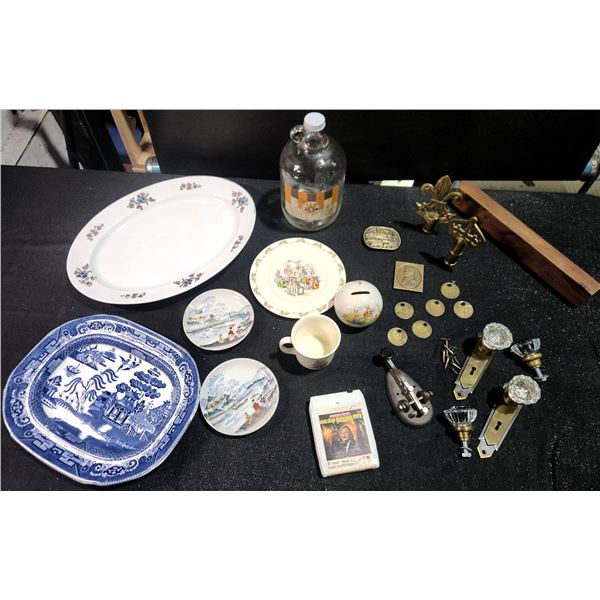 Lot: Plates, Porcelain, A&W Jug, Door Knobs, Badges, Tape, Morse Key, Hardware