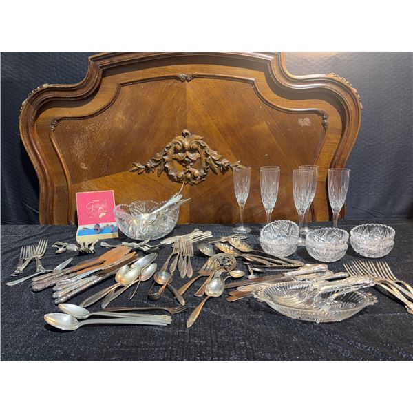 Silver Plate Flatware, Crystal Bowls, Glasses, and Serving Utensils Lot