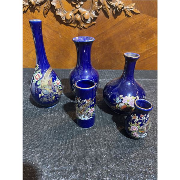 5 Japanese Cloisonné Vases Blue Enamel Floral and Bird Motif Assorted Sizes
