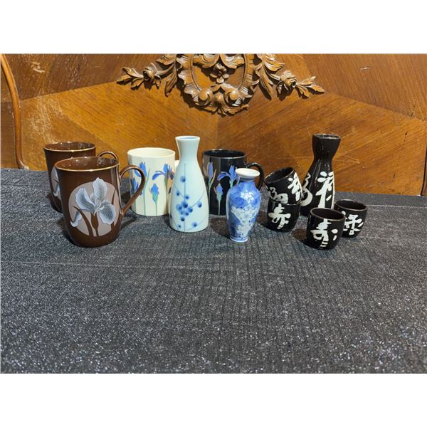 Japanese Themed Mugs and Sake Bottles with Floral and Calligraphy Designs, 10 Piecesq