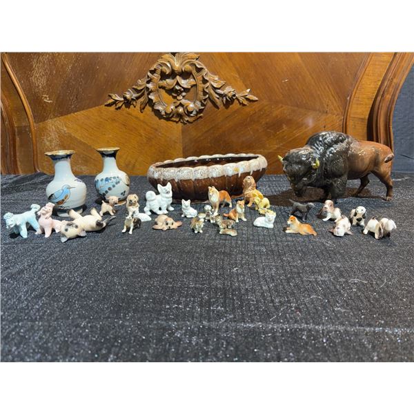 Miniature Dog Figurines, Engeline Pottery Canada 1033 Dish, Bird Vases, Bison