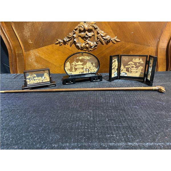 Chinese Carved Cork Dioramas and Walking Stick with Animal Head Handle Lot