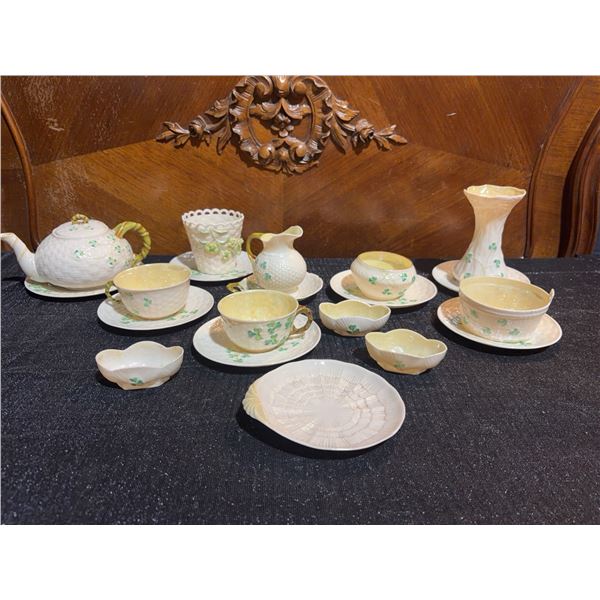 Belleek Shamrock Porcelain Tea Set and Figurines, Made in Ireland, 18 Pieces