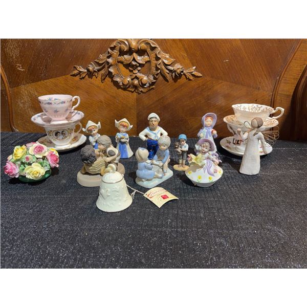 Figurine and Teacup Lot Including Royal Family Cup, Willow Tree, Porcelain, and Resin