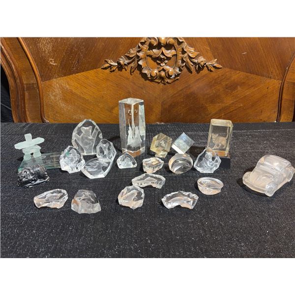 Etched Crystal Figurines and Paperweights Including Car and Animal Motifs