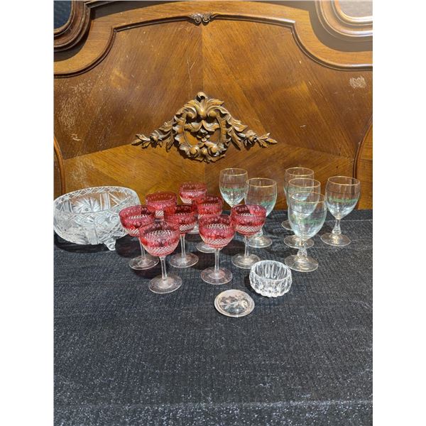 Crystal Glassware Set With Ruby Red Goblets, Irish Coffee Glasses, Bowls